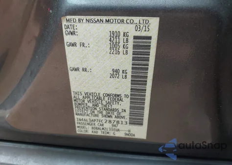 2015 Nissan Altima 2.5 Sv z USA, uszkodzony, nr VIN 1N4AL3AP7FC287813